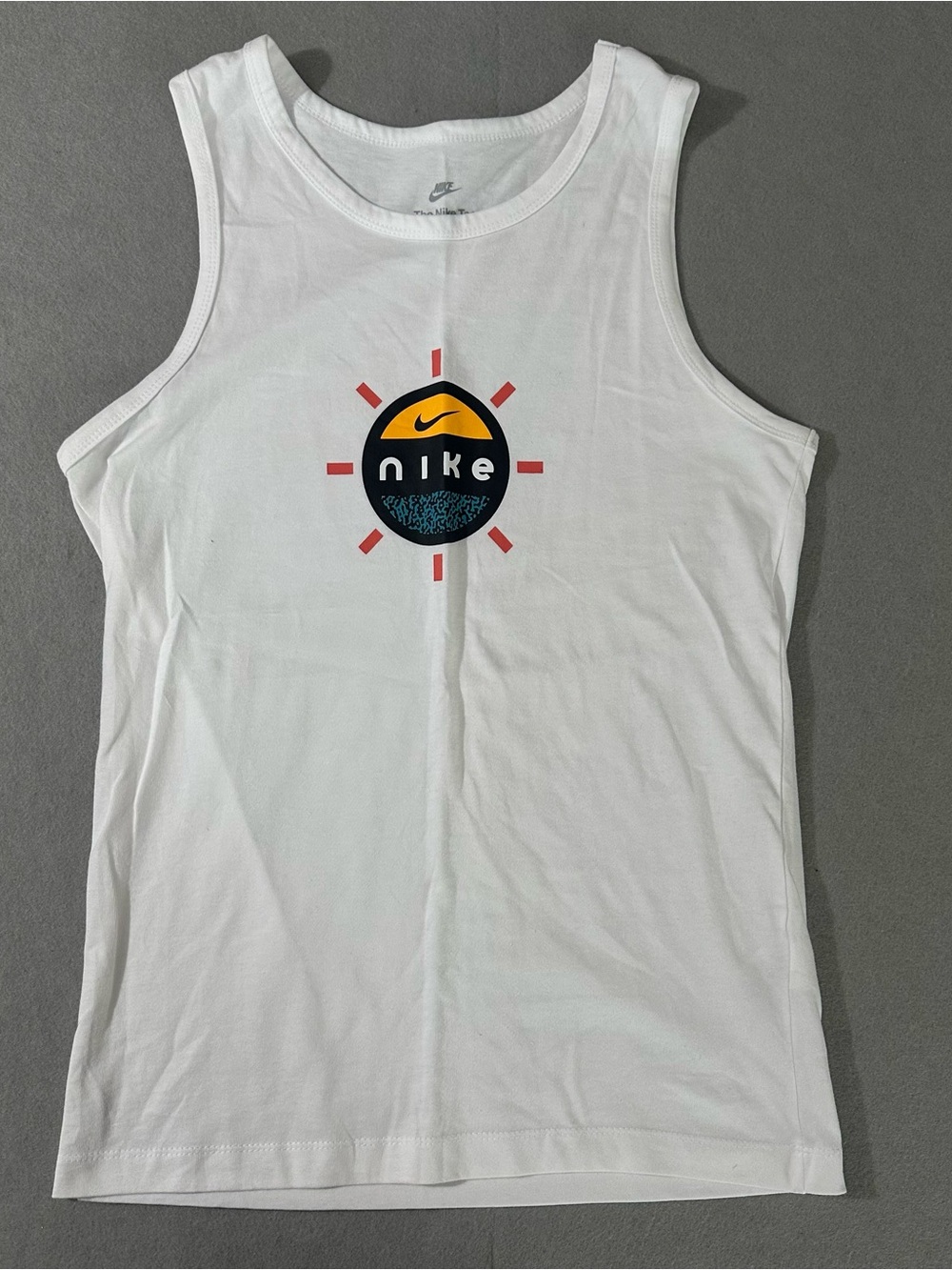 Nike White Men’s Logo Tank with Multicolor Sun Graphic